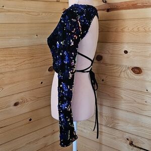 Navy Blue Sequin Long Sleeve Backless Crop To